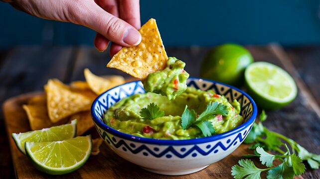 Fresh guacamole dip with tortilla chips and lime on rustic table
