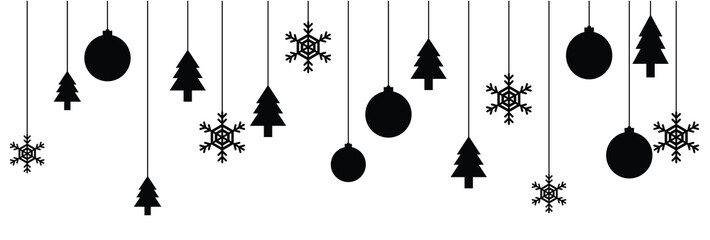 Festive merry christmas greeting card featuring hanging ornaments like baubles snowflakes stars and a christmas tree. Elegant holiday card design featuring red and gold hanging baubles, Vector illustr © Alexandra