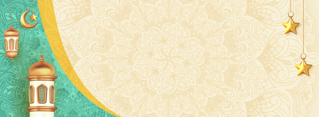 Ramadan and Eid Mubarak decoration background with mosque and crescent 3d style with mandala patterns. Cultural season blessings banner design with space for text.