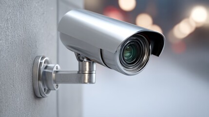 A security camera is mounted on a wall. The camera is silver and has a black lens. The camera is pointed towards the ground
