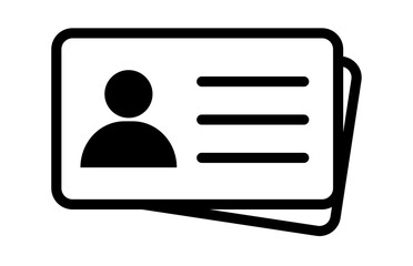 Contact information icons for business card featuring solid ID card with user profile and text lines in clean black flat vector style.