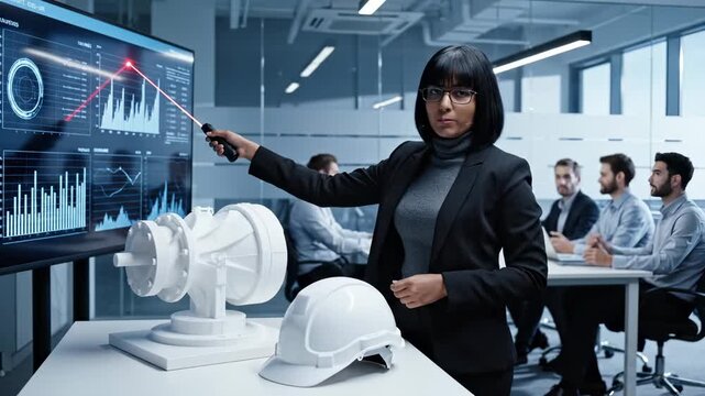 Businesswoman presents engineering data chart to team. Businesswoman leads office meeting presentation. Business team watches chart analysis. Female engineer explains project plan. Team listens to