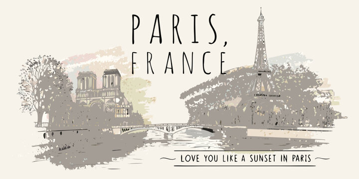 Paris france a sketched illustration featuring iconic landmarks and sunset hues