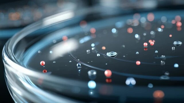 Close up view of a petri dish with colorful molecules and particles floating in liquid, representing scientific research and innovation. Modern laboratory background with futuristic elements