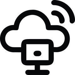 A computer connected to a cloud with wireless signal waves emanating from it.