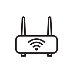 Obraz premium Simple black and white outline icon depicting a wireless wifi internet router with dual antennas transmitting signal