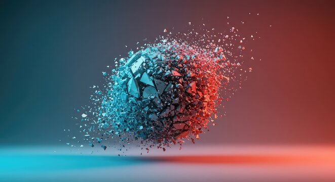 Abstract geometric form disintegrating into colorful particles, showing conceptual breakdown and fragmentation ,energy ,melt ,particle