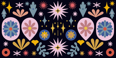 Retro inspired pattern with floral and starburst motifs on a dark background © Rathindranath
