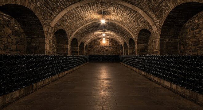 Ancient stone walls and a vaulted ceiling define this cool, dim cellar used for storing aging wine barrels and vintage bottles in rows ,basement ,history ,inventory