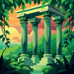 Ancient stone pillars ruins covered with green vines in a lush forest