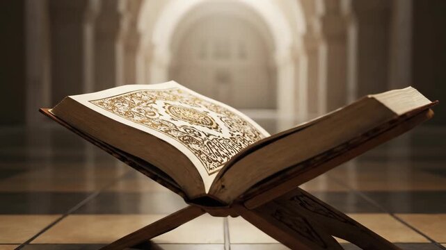 Holy Quran on a wooden stand in a mosque with light shining through an archway.