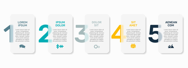 Obraz premium Five-step infographic with icons, titles, and text blocks for business or presentation use. Vector illustration.