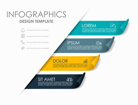 Infographic template with four colorful diagonal ribbons, placeholder text, icon,based sidebar. Vector illustration.