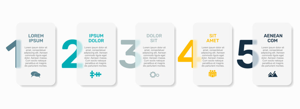 Five-step infographic with icons, titles, and text blocks for business or presentation use. Vector illustration.