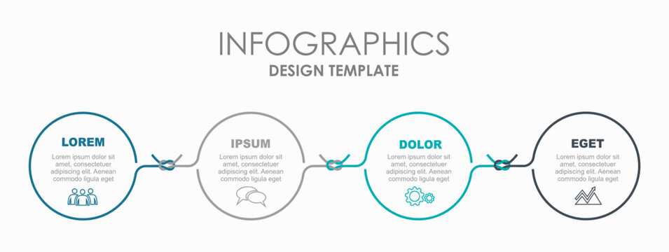 Linear 4-step infographic with interconnected circular nodes linked by knotted ropes. Vector illustration.