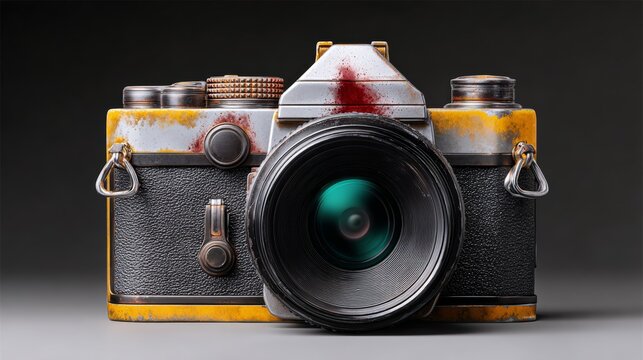 A camera with a green lens and a red stain on it. The camera is old and rusty