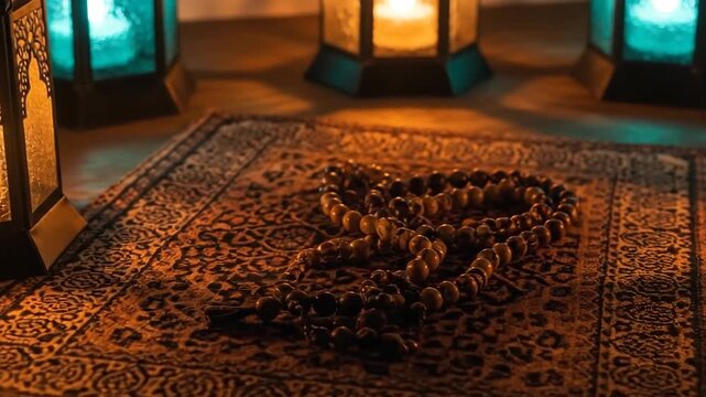 Beautiful lanterns and prayer beads on a patterned rug for spiritual reflection.