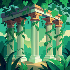 Ancient stone pillars ruins covered with green vines in a lush forest