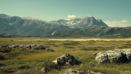 Majestic mountains rise above a serene landscape featuring lush green grass and rugged rocks under a clear blue sky