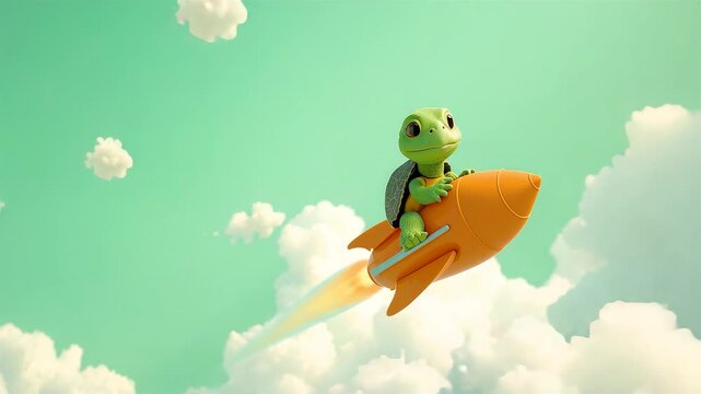 Cute green turtle riding orange rocket through bright sky with fluffy clouds in playful cartoon adventure scene
