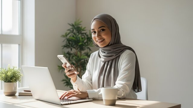 Young Muslim woman working on laptop and phone at desk with coffee