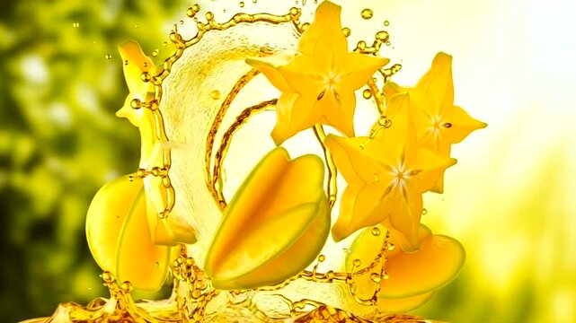 Fresh starfruit slices with juice splash in vibrant sunlight outdoors.