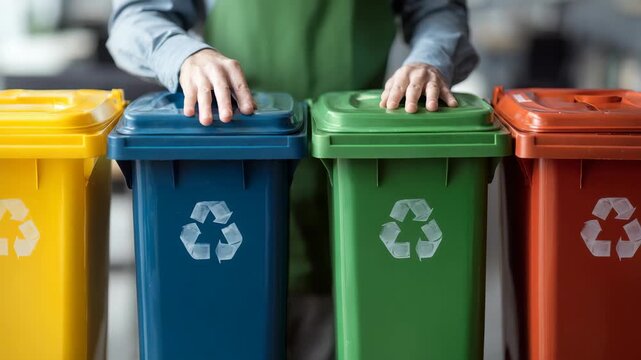 Colorful recycling bins for waste separation are lined up in a row, each with a distinct color and recycling symbol. Hands are sorting trash into the appropriate containers indoors