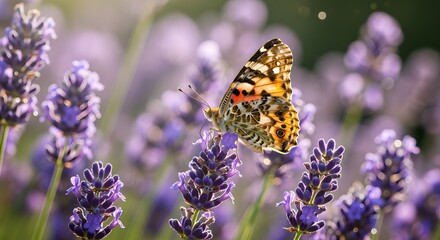 A butterfly feeding on lavender flowers in a lush garden scene viewed from a close-up perspective.