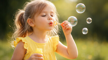 Naklejka premium Little girl blowing soap bubbles in sunny park, joyful childhood summer play and carefree happiness concept.