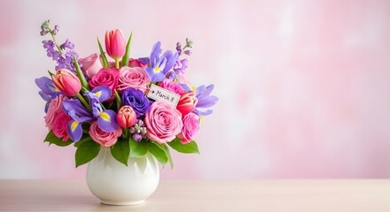 Obraz premium Vibrant spring flower bouquet in white vase on pastel pink background