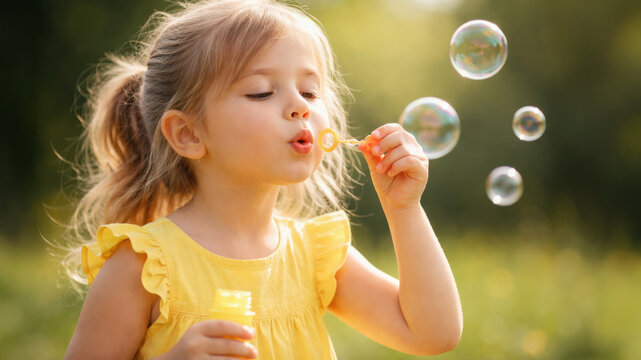 Little girl blowing soap bubbles in sunny park, joyful childhood summer play and carefree happiness concept.
