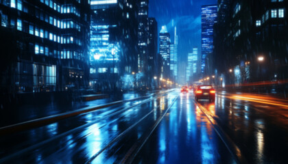 City streets illuminated at night with rain reflecting vibrant lights from buildings and vehicles