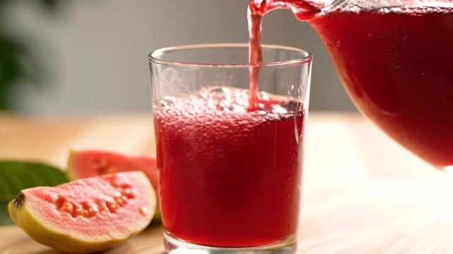 Fresh guava juice poured into glass with fruit on wooden table
