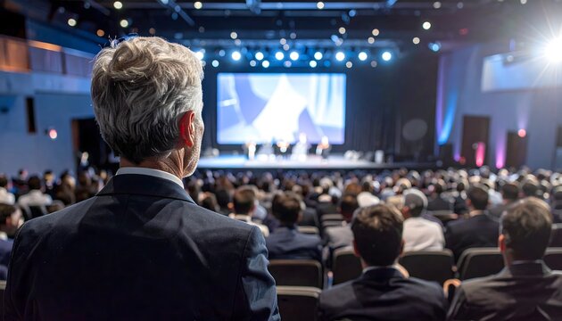 Gran conferencia empresarial en auditorio lleno con ejecutivo observando presentaci&oacute;n en escenario iluminado