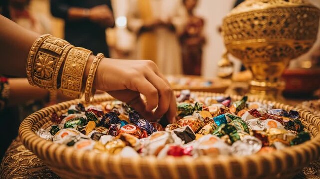 Womans hand picking candy from a basket with gold bangles and decorations.