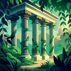 Ancient stone pillars ruins covered with green vines in a lush forest