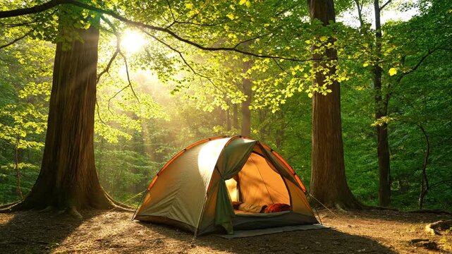 A serene forest campsite with a lit tent at sunrise