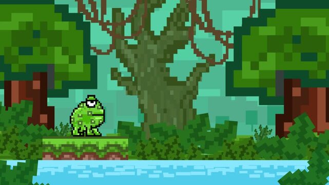 Animation in pixel art style of a game with a frog eating flies in a pond, background, art, vintage, pixel.