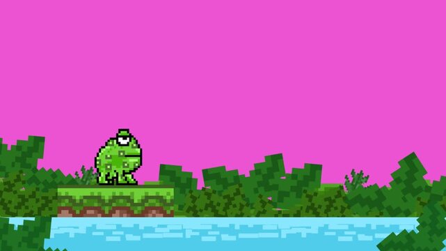 Pixel art style animation with a Frog eating flies in a pond on a red background, art, vintage, pixel.