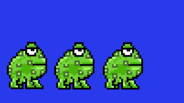 Pixel art animation with three frogs moving on a blue background, art, vintage, pixel.