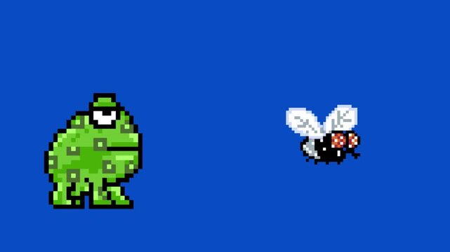 Pixel art style animation with a frog sticking out its tongue and a fly on a blue background, art, vintage, pixel.