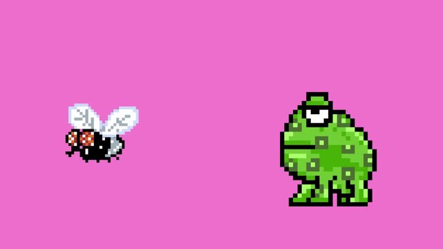 Pixel art style animation with a frog sticking out its tongue and a fly on a red background, art, vintage, pixel.