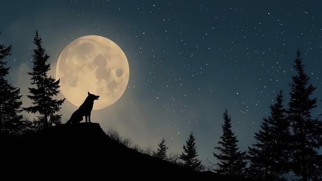 Lone Wolf Silhouette Howling under Giant Full Moon Night Sky