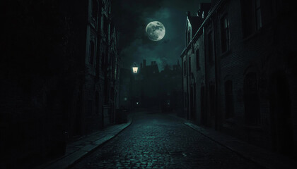 Mysterious cobblestone street at night under a full moon with glowing lamp post and shadowy buildings