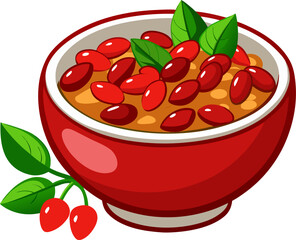 Bowl filled with red chili, beans visible on top. white background 