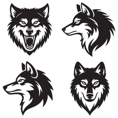 Four stylized black and white wolf head illustrations isolated on transparent background