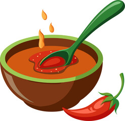 Spoon dipping into chili bowl. . white background 