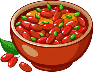 Bowl filled with red chili, beans visible on top. white background 