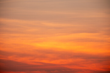 Fototapeta premium Beautiful sunrise sky with vibrant gradient orange and gold colors and soft blue, Clear atmosphere with wispy clouds. Peaceful, perfect for background and copy space, High resolution images