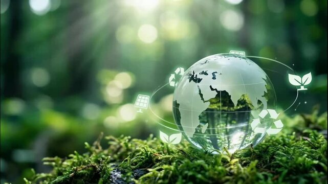 Glass globe on green moss with glowing eco icons in forest. Video concept for ESG, green energy, sustainability, and nature conservation.
